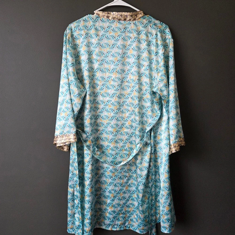 Oscar de‎ la Renta Pink Label Satin Robe S Turquoise Gold Fan Print Kimono Wrap